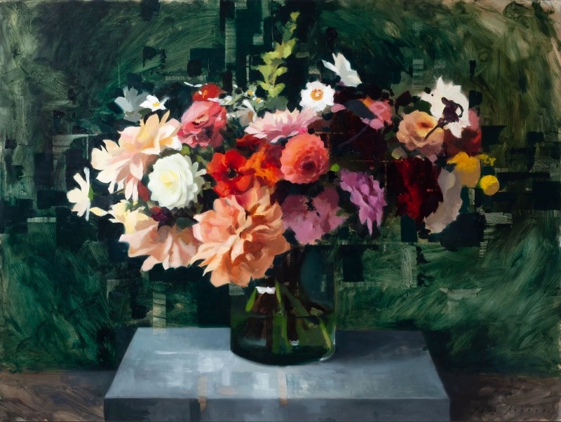 Autumnal Bouquet with Dahlias On Dark Green