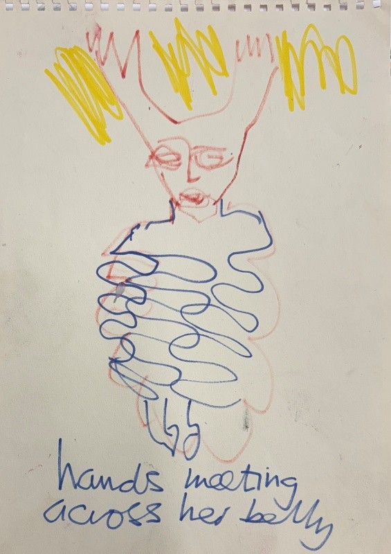 Hands meeting across her belly