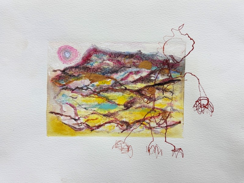 Angel over landscape with flowering limbs