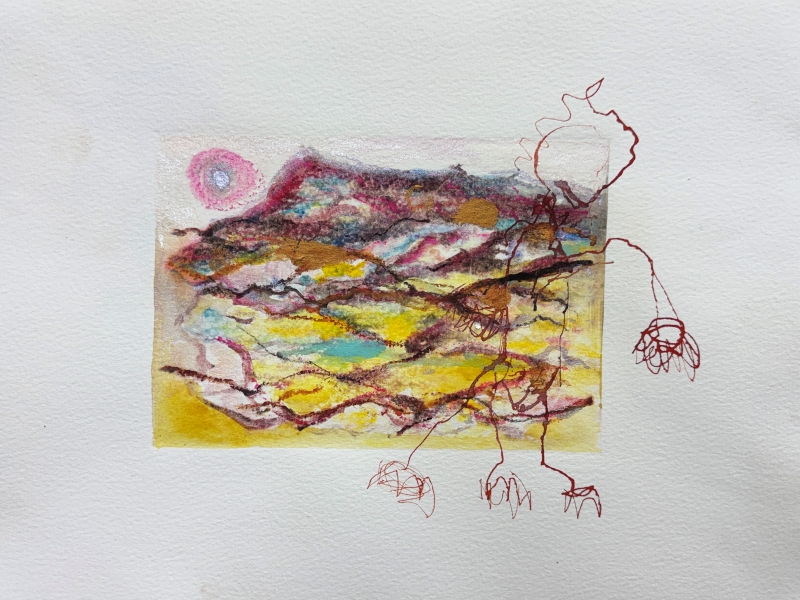Angel over landscape with flowering limbs