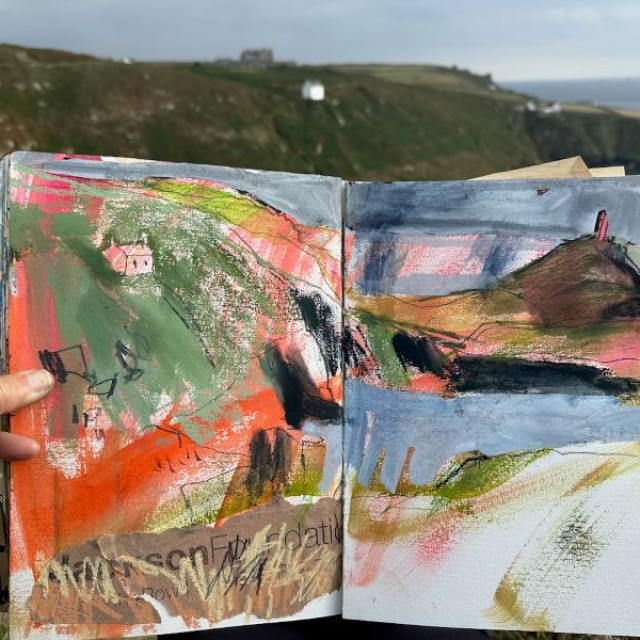 acrylic painting in sketchbook-coastal landscape course