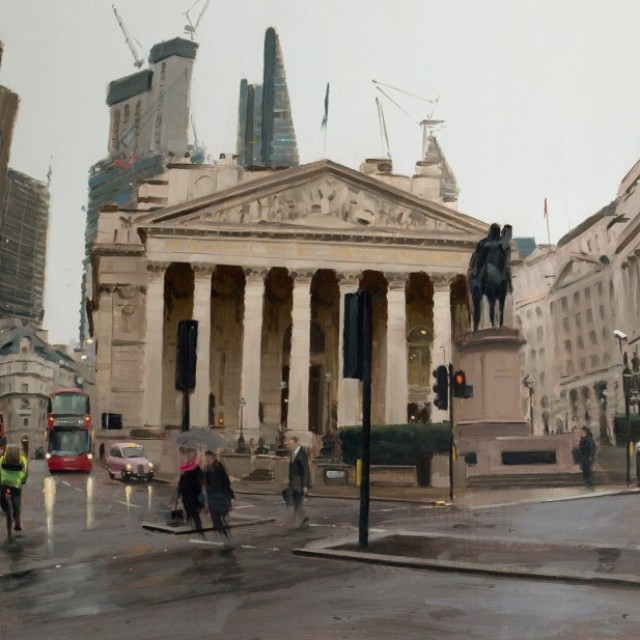 The Royal Exchange with cyclist in rain Tom Hughes Oil Painting