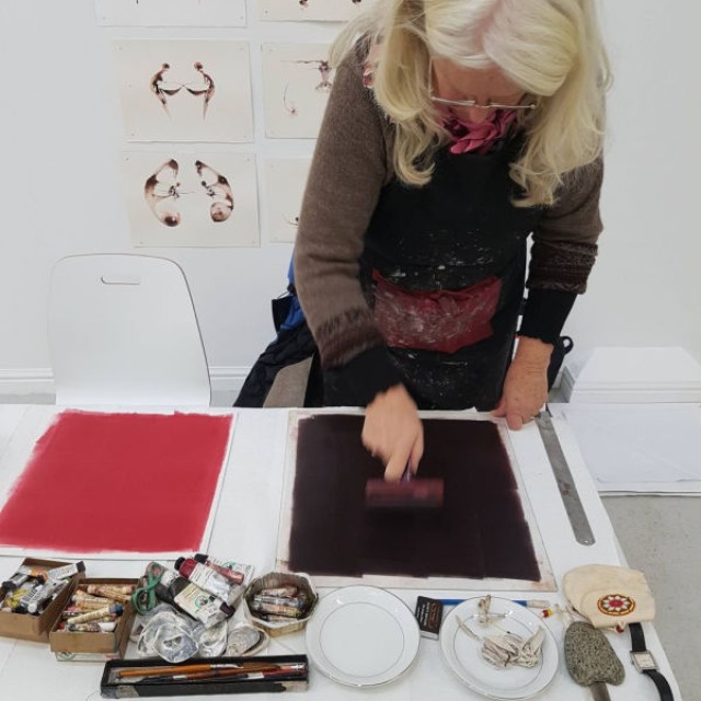 Kate Walters monoprinting for Experimental Drawing Course Newlyn