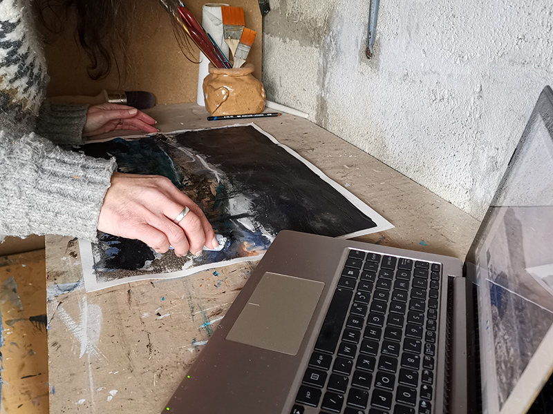 Kari in her studio with online landscape course